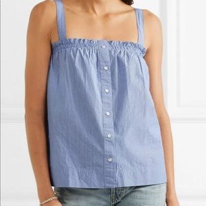 J. Crew ruffle button front blue white pinstripe tank top